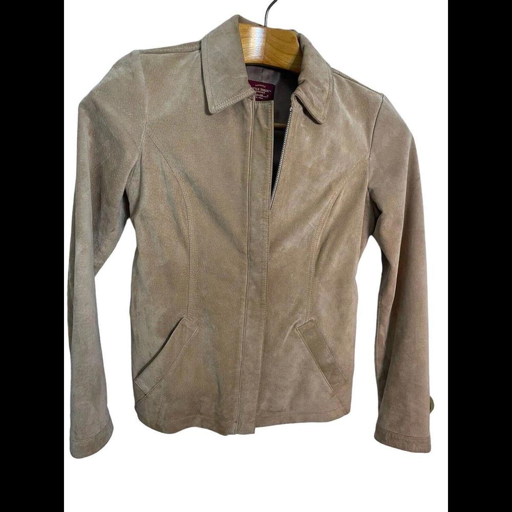 Eddie Bauer Light Tan Suede Lined Genuine Leather Camel Zip Washable Jacket XS